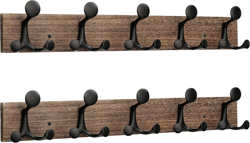 SKOLOO 24-Inch Wood Burnt Coat Rack Wall Mount with 5 Triple Hooks - Ideal for Family Entrances, Classrooms, and Pet Supplies Storage - Perfect Coat Hooks for Wall, Pack of 2