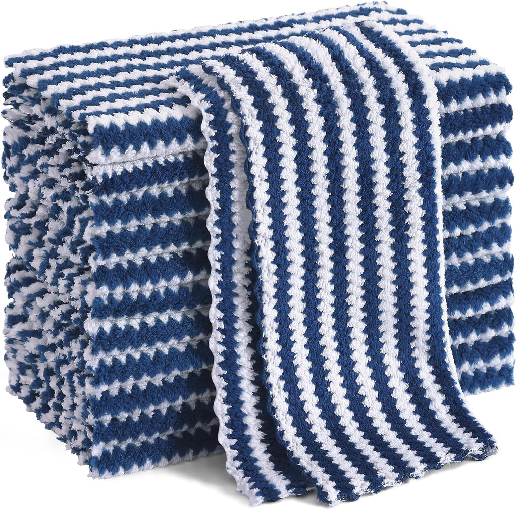 Homaxy 12 Pack Kitchen Dish Cloths, Ultra Soft and Absorbent Dish Towels, Reusable Fast Drying Microfiber Cleaning Cloth, Coral Velvet Wave Design No-lint, 10 x 10 inches, Navy Blue