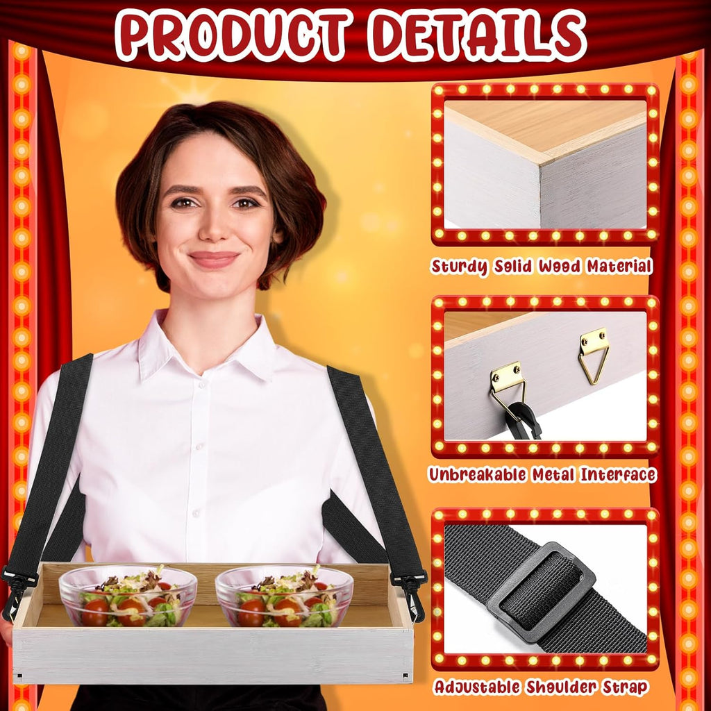 Marsui 2 Pcs Halloween Snack Trays with Straps 15 x 11 x 2 Inch Wooden Movie Night Snack Drink Trays Vendor Usherette Popcorn Drink Beverage Carrier for 20's Theme Carnival Party Costume(White)