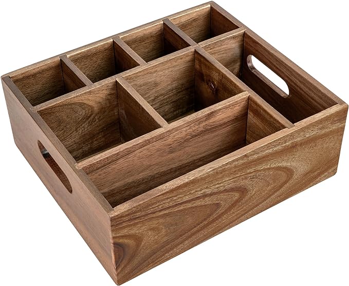 VaeFae Acacia Wood Caddy Organizer, Napkin and Paper Plate Holder, Wooden Utensil Holder, Silverware Caddy for Kitchen, Camping, Party