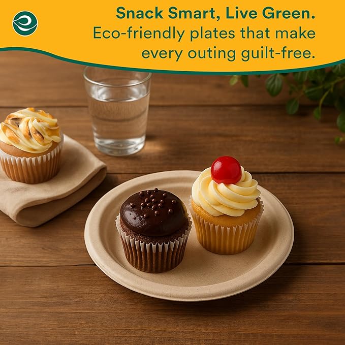 ECO SOUL Compostable Paper Plates 6 Inch (1000 Count) Plates for Christmas Dessert, Heavy Duty, Eco-Friendly Sugarcane Bagasse Small Plates For Appetizer- Natural Brown