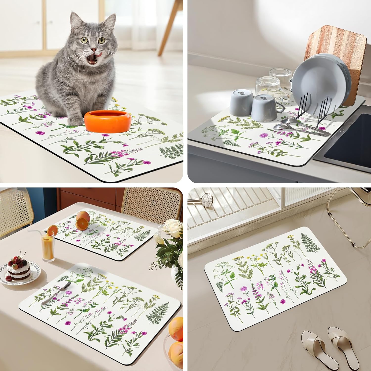 Bloss Dish Drying Mat, Multiple Usage Coffee Bar Mat, Kitchen Counter Mat, Absorbent Hide Stain Rubber Backed Dish Drying Pad(16.1"x24.1", 2-Row Flower)