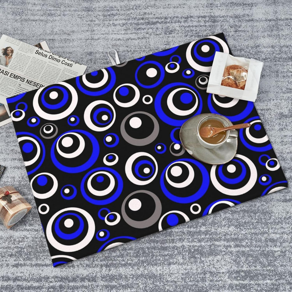 Blue Black White Geometric Circle Dish Drying Mat for Kitchen Counter, 18" x 24" Absorbent Microfiber Drying Pad for Dishes, Modern Decor Kitchen Mat, Foldable, for Sink Dining Area Small Appliances