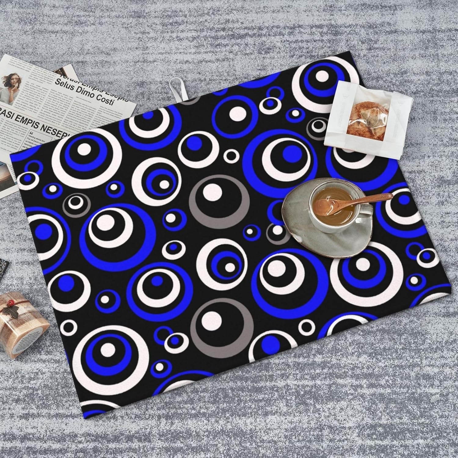 Blue Black White Geometric Circle Dish Drying Mat for Kitchen Counter, 18" x 24" Absorbent Microfiber Drying Pad for Dishes, Modern Decor Kitchen Mat, Foldable, for Sink Dining Area Small Appliances