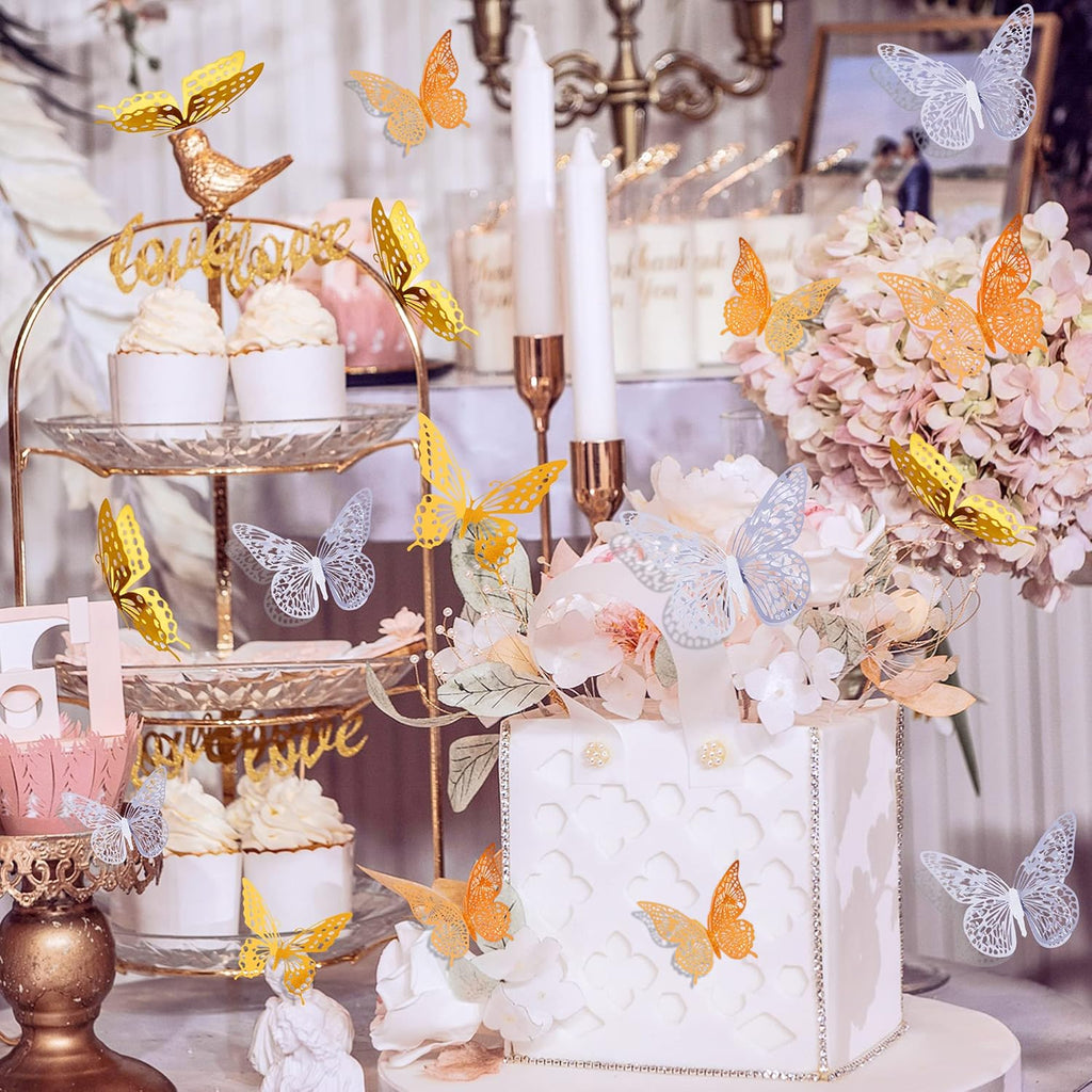 SAOROPEB 3D Butterfly Wall Decor, 72 Pcs 3 Styles 3 Sizes, Removable Metallic Wall Decor Sticker Room Mural Decals for Kids Bedroom Nursery Classroom Party Decoration Wedding Decor DIY Gift (3 Color)