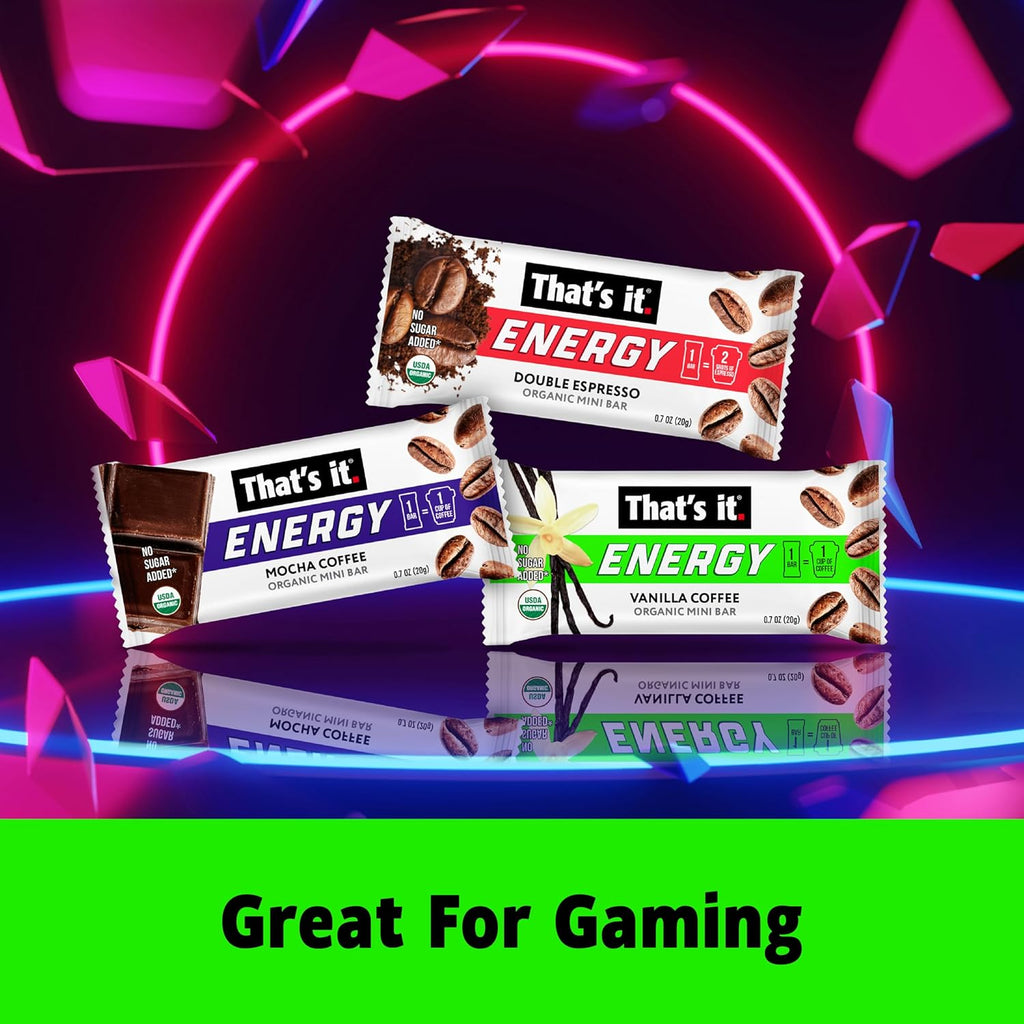 That’s it. Organic Energy Coffee Mini Bars - (6 each of Vanilla, Mocha, Double Espresso) Grab and Go, No Added Sugars, Non-GMO, Caffeine Power Snack, Kosher, Allergy Friendly (Variety - 18 Count)