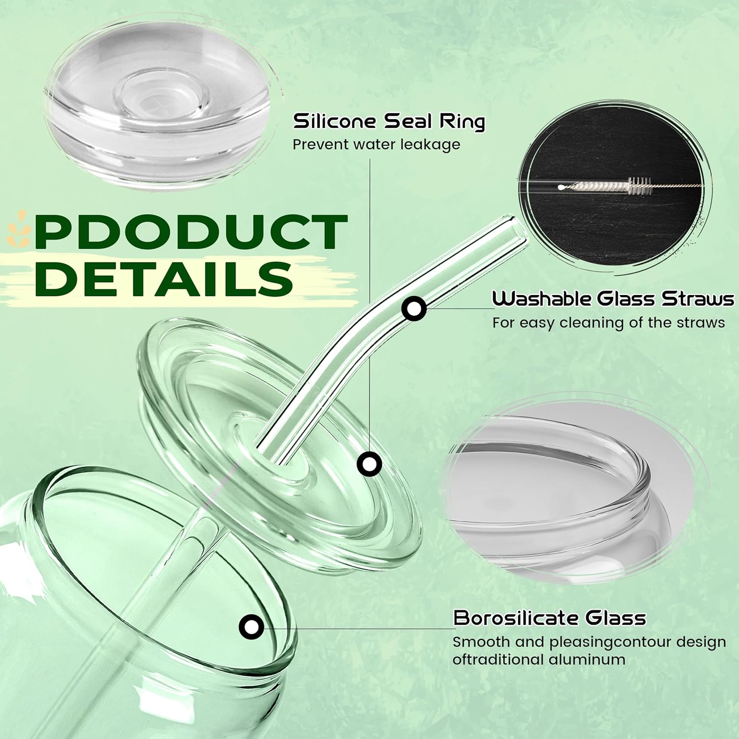 Joyclub 20 oz Glass Cups with Acrylic Lids and Straws 2pcs Can Shaped Glass Iced Coffee Cups with Lids, Drinking Jar Glasses Cute Tumbler Cup Great for Smoothie Soda Boba Tea Cocktail Beer Gift