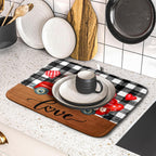 Valentine's Day Red Heart Truck Dish Drying Mat for Kitchen Counter,Black White Buffalo Plaid Love Drying Mat 16 x 18 Inch with Absorbent Reversible Microfiber Dish Drying Pad for Coffee Bar