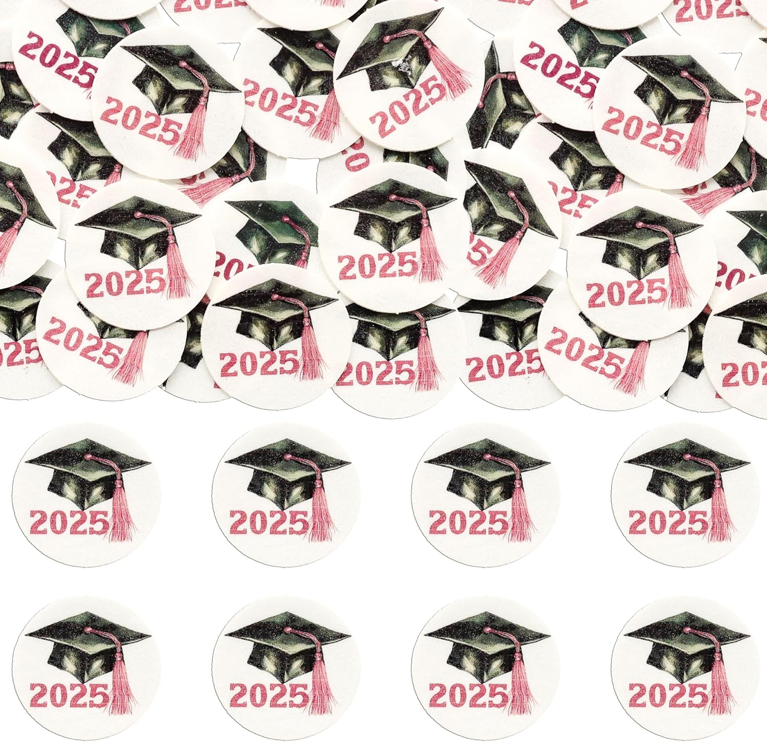 Gyufise 48Pcs Edible 2025 Graduation Cap Cupcake Toppers Wafer Paper Class of 2025 Grad Cap Cupcake Picks for 2025 Graduation Theme Party Cake Decorations Supplies Pink