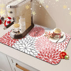 Findosom 2PCS 12" x 20" Christmas Dish Drying Mat & 24" x 5.5" Sink Splash Guard, Super Absorbent & Cuttable Dish Mat Drying Kitchen Mat with Red Floral, Hide Stain Drying Mat for Kitchen Counter