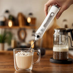 Rechargeable Handheld Milk Frother - Electric Foam Maker - Portable Coffee Frother Wand with 2 Heads - Stainless Steel Electric Whisk for Coffee, Latte, Cappuccino, Macchiato, Hot Chocolate (White)