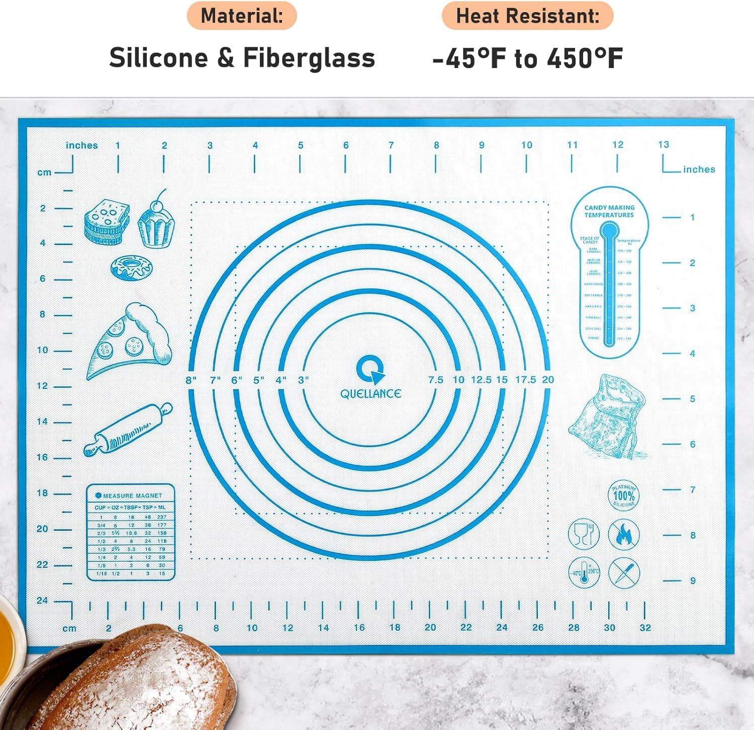 Silicone Pastry Mat with Measurement, Kids Rolling Mat for Fondant, Rolling Dough, Pie Crust, Pizza and Cookies, Baking Mat,12" x 16", Blue