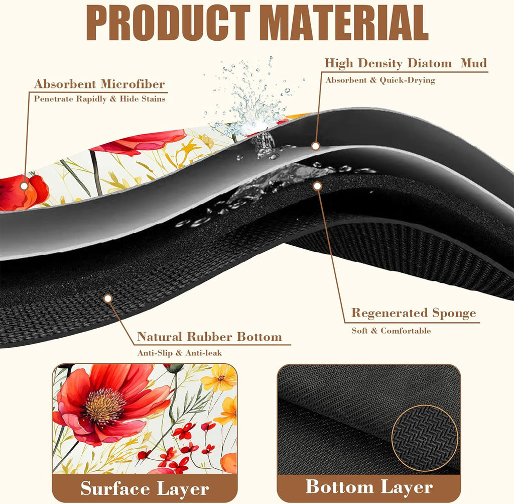 Red and Yellow Flowers Coffee Mat Absorbent Dish Drying Mat for Kitchen Counter Hide Stain Rubber Backed Coffee Bar Accessories Fit Under Espresso Machine, 11.8 x 19.7 Inch