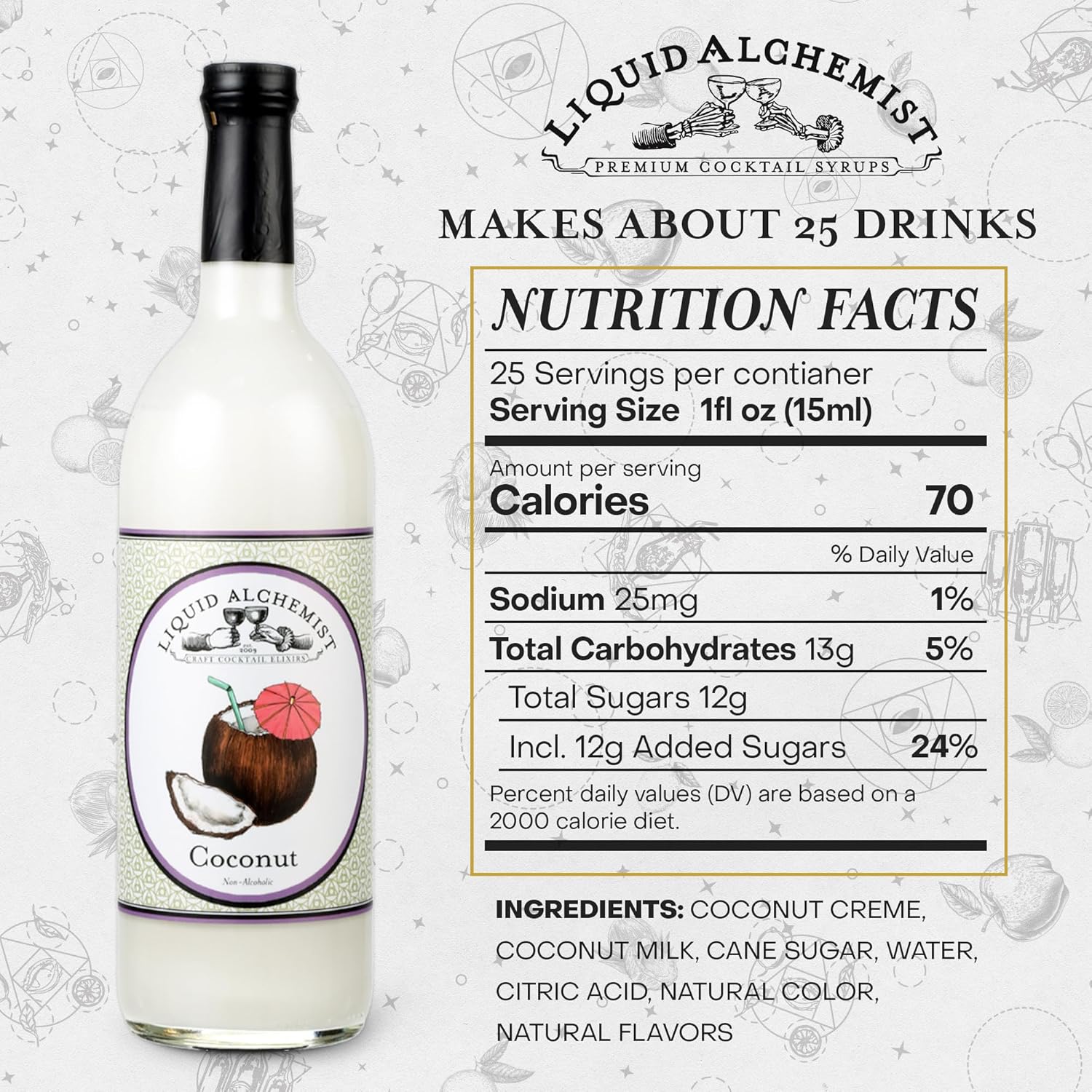 Liquid Alchemist Coconut Syrup for Drinks - Real Ingredients Make our Cream of Coconut Syrup a Perfect Pina Colada Drink Mix - Non-GMO & Vegan (25 oz)