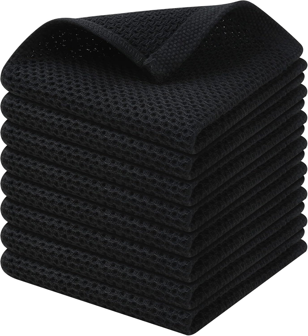 Kitinjoy 100% Cotton Kitchen Dish Cloths, 8 Pack Waffle Weave Ultra Soft Absorbent Dish Towels for Drying Dishes Quick Drying Kitchen Towels Dish Rags, 12 X 12Inch, Black
