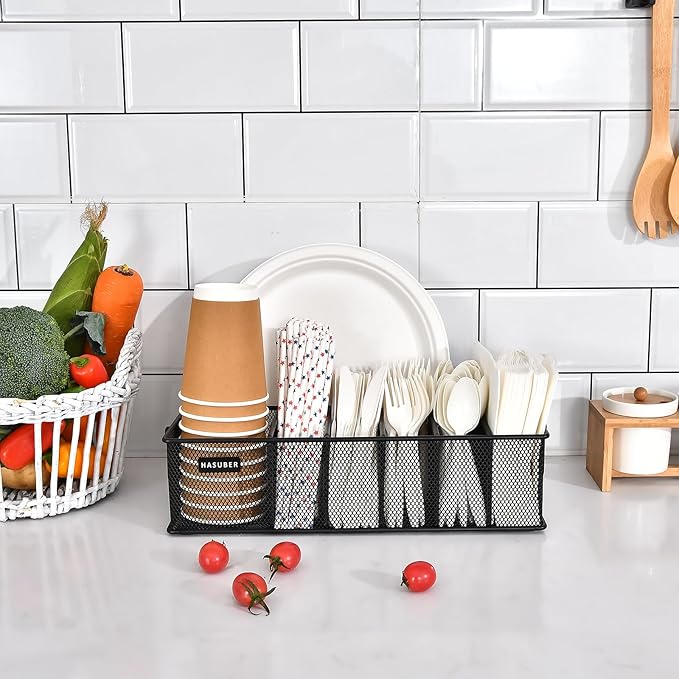 Silverware Organizer with Handle - Metal Utensil Caddy for Kitchen Counter, 7 Compartment for Plate, Cup, Napkin, Paper Plate Dispenser for Party, Picnic