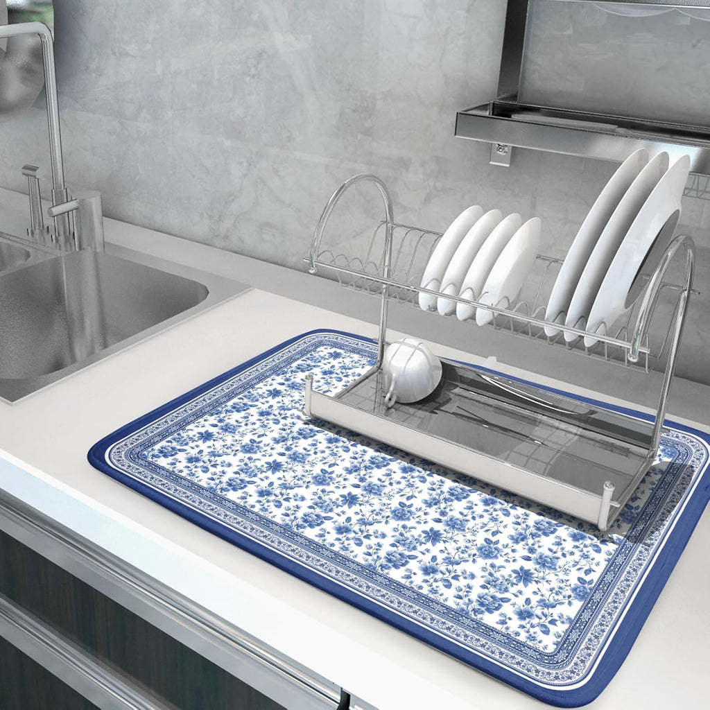Blue Floral Branches Dish Drying Mat for Kitchen Counter Chinoiserie Pattern Dish Drying Pad 16”x18”Absorbent Vintage Flowers Decor Dishes Drainer Pad Dish Dry Rack Mat for Counter Coffee Bar