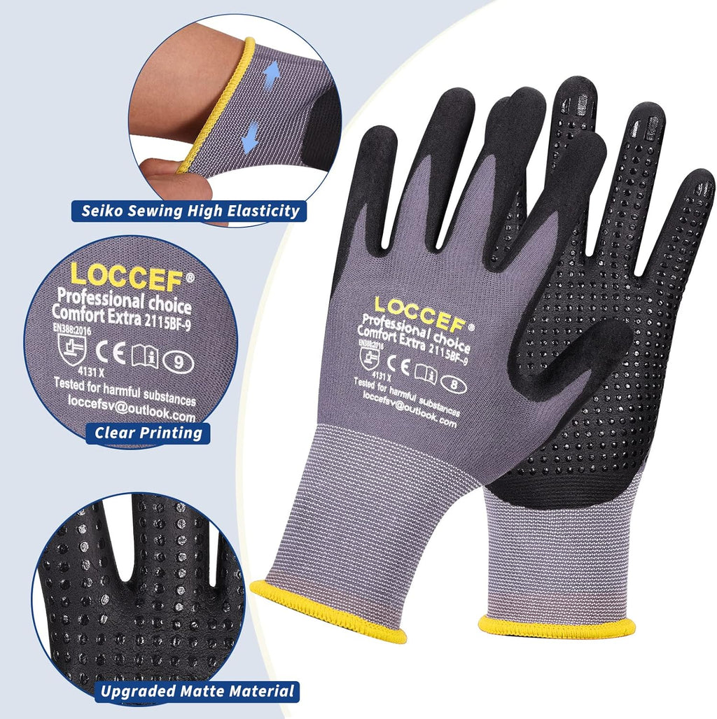 Work Gloves MicroFoam Nitrile Coated-6 Pairs,Endurance Seamless Knit Nylon,Dots on palm,Tacky Dot Grip Gloves