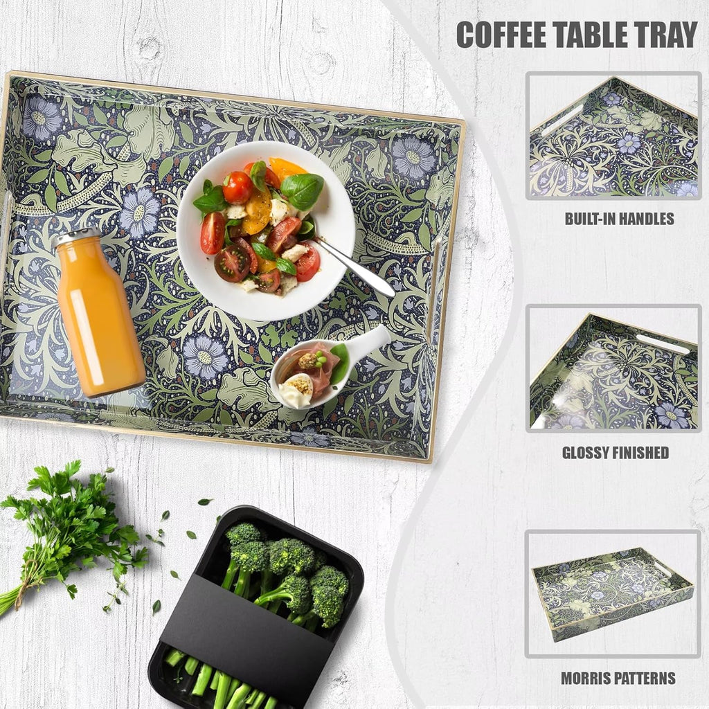 Spsyrine Serving Tray with Handles, Plastic Decorative Tray for Coffee Table, Living Room, Home Decor, Seaweed