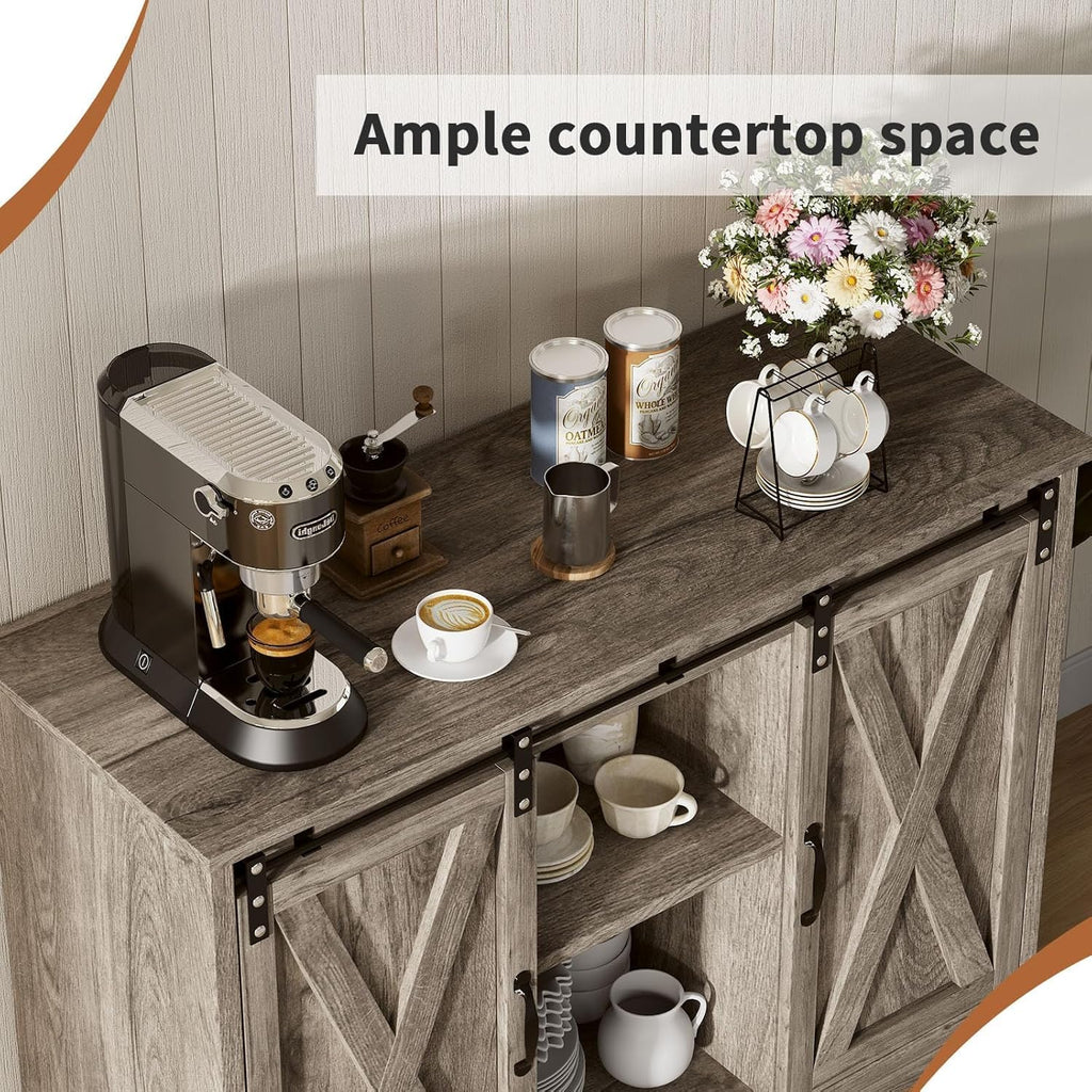 4 EVER WINNER Farmhouse Coffee Bar Cabinet with Sliding Barn Door, 42” Coffee Bar Table with Adjustable Shelves, Buffet Cabinet with Storage for Kitchen Living Dining Room, Wash Grey