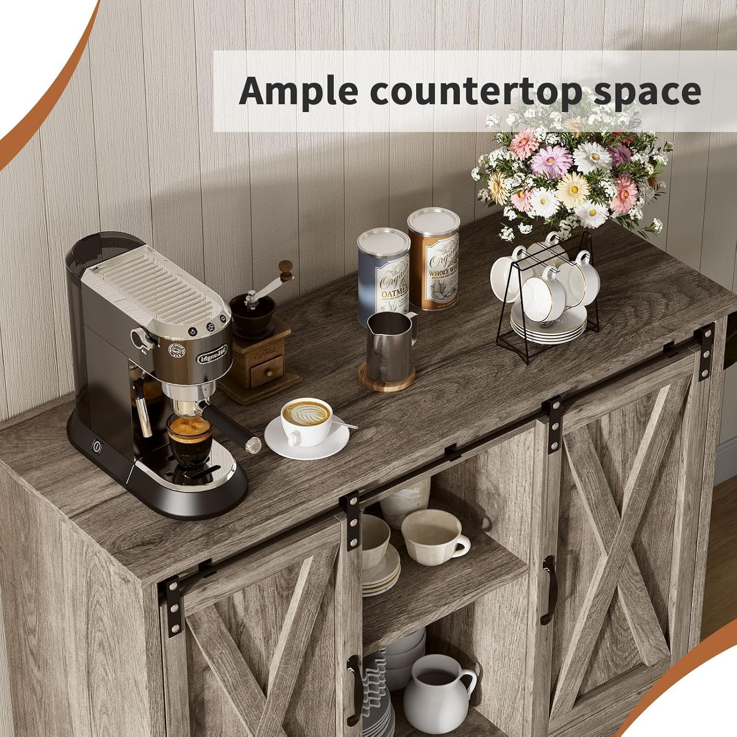 4 EVER WINNER Farmhouse Coffee Bar Cabinet with Sliding Barn Door, 42” Coffee Bar Table with Adjustable Shelves, Buffet Cabinet with Storage for Kitchen Living Dining Room, Wash Grey