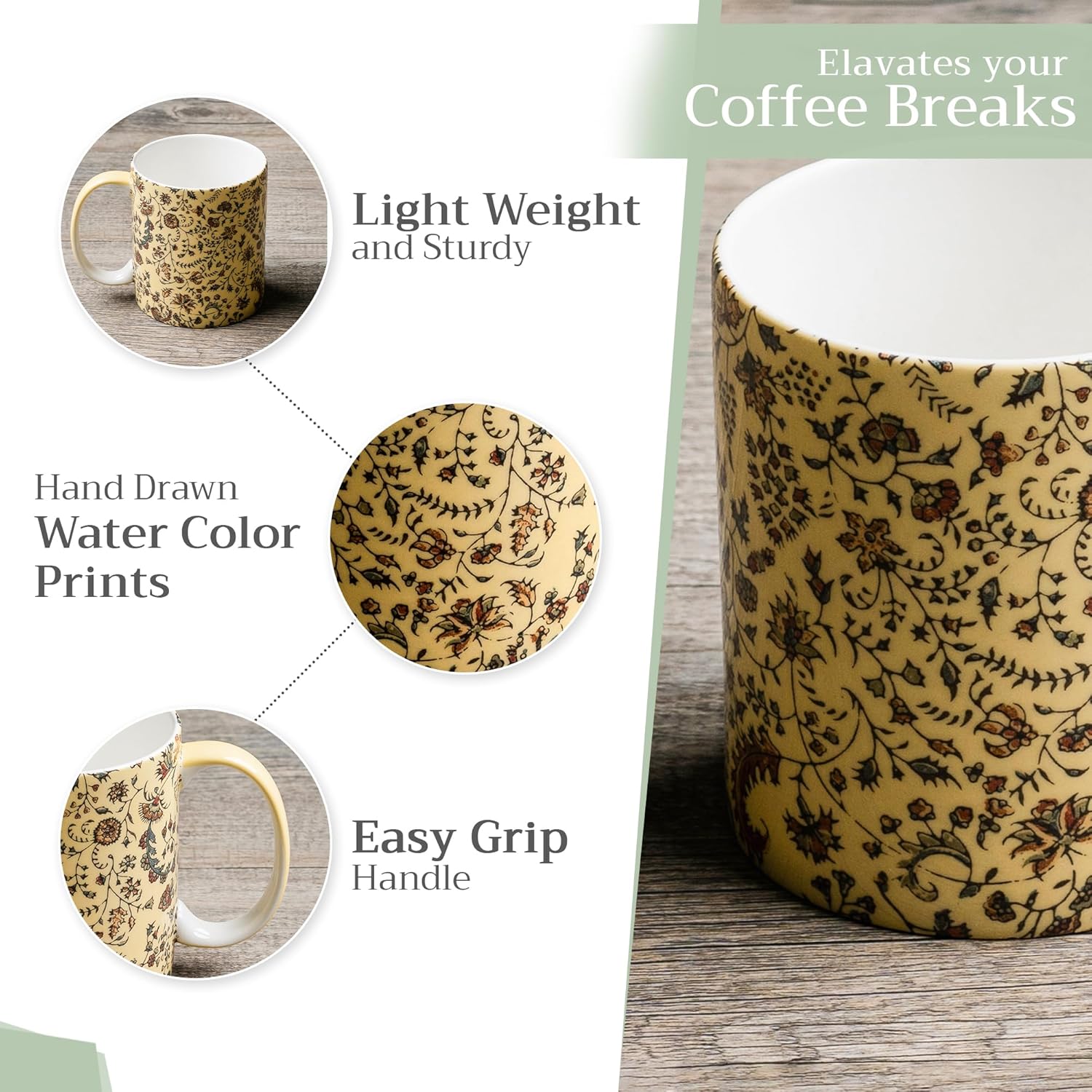 Maison d' Hermine Coffee Mug with Handles Fine Bone China Mugs Pack of Two Tea Cups for Hot Beverages Cappuccino Latte Home Restaurant Office Perfect for Gift (Lakshmi, 12 Ounce)