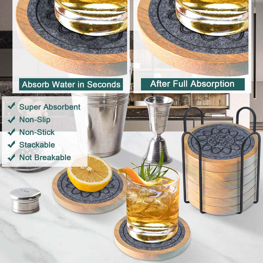 Wood Coasters for Drinks Set of 8, Minacun Absorbent Coaster, Drinks Coasters for Coffee Tabletop Protection, Non-Slip, Non-Stick, Suitable for Kinds of Cups Wooden Table Drink, 4.3 Inch Gray