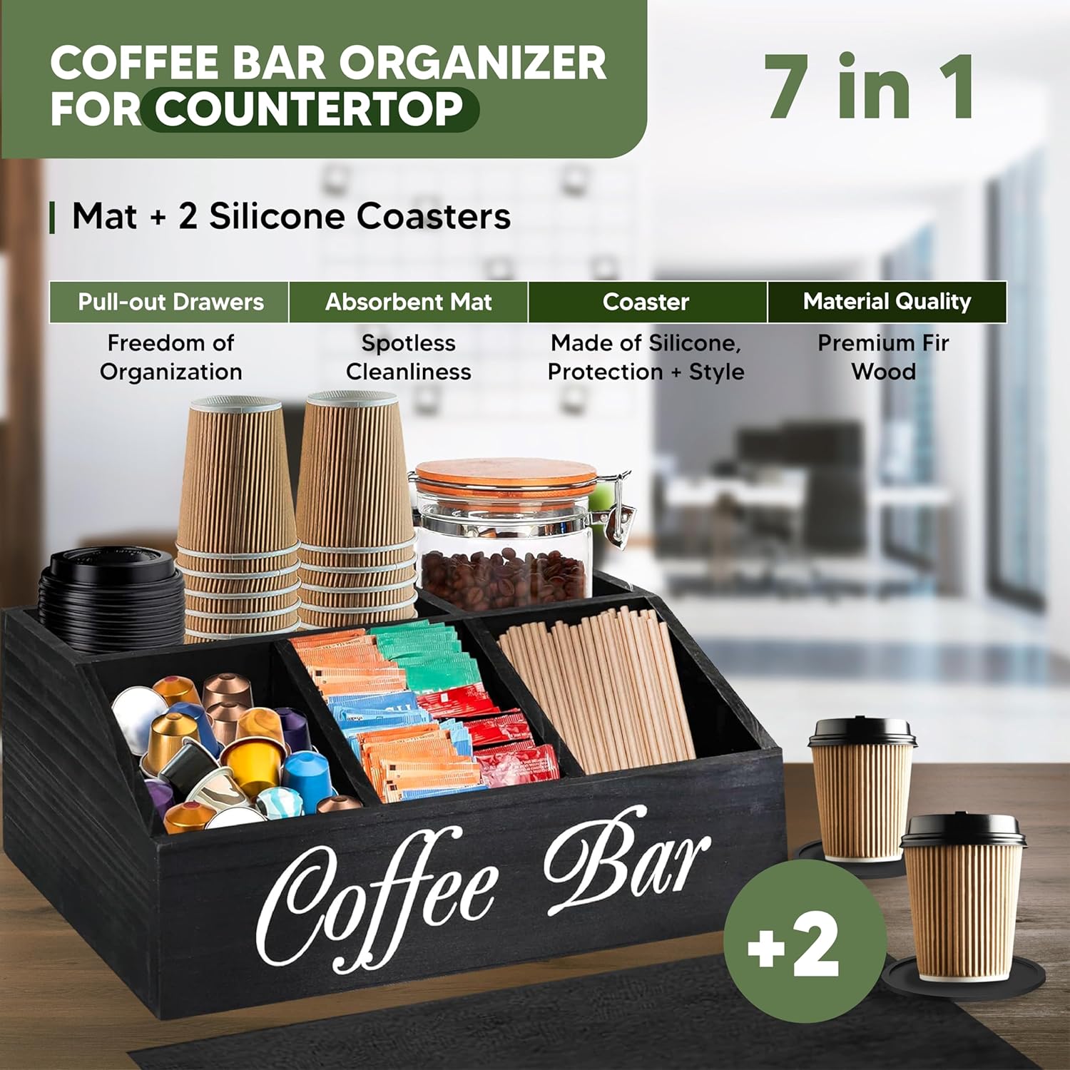 Barista Emperor® SUPER PACK Coffee Bar Organizer for Countertop, Silicone Mat and 2X Silicone Coasters - Tea Organizer Station with Removable Drawers - Office Coffee Station for Countertop