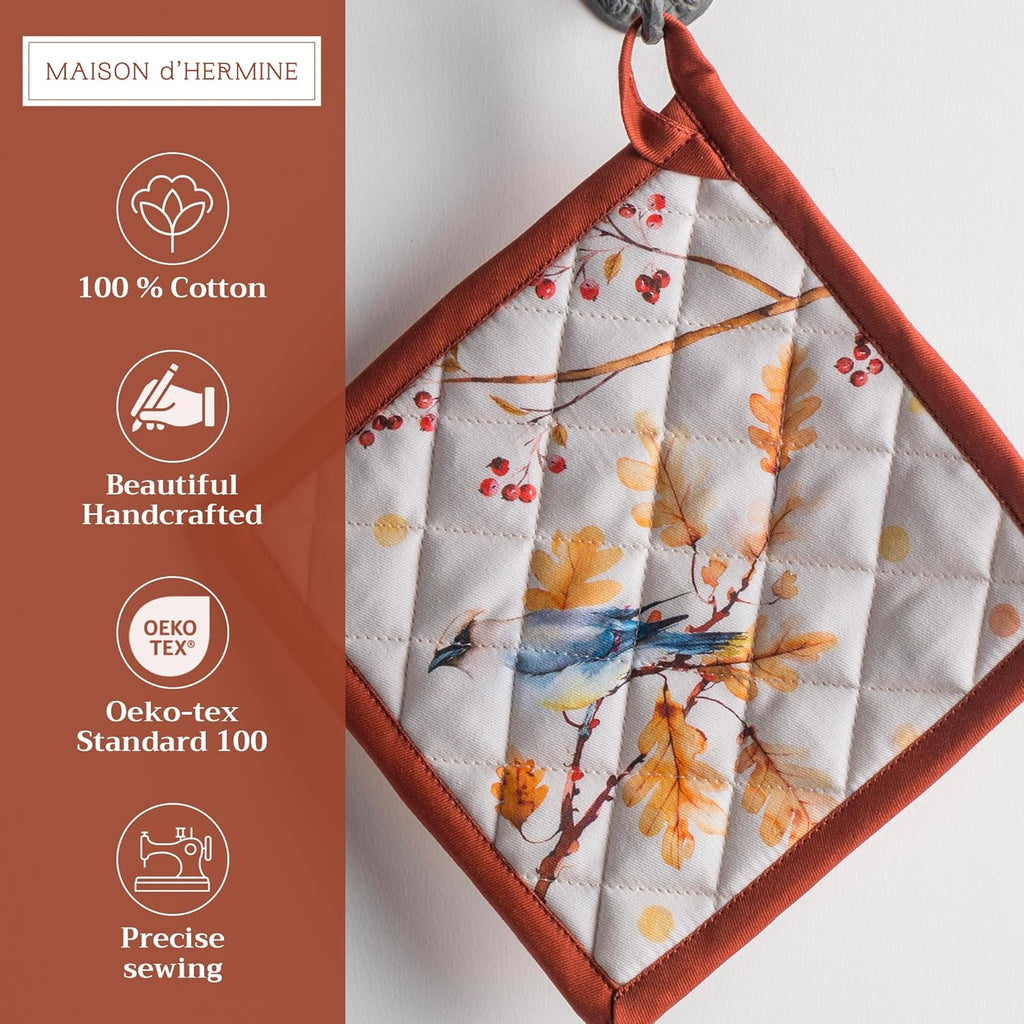 Maison d' Hermine Pot Holders Set 100% Cotton Heat Resistant Potholders 8" x 8" Hot Pads with Loop BBQ, Cooking, Baking, Grilling, Kitchen, Handling Hot Pans (Pack of 2, Oak Leaves)