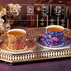 KAMMAK Tea Cups and Saucers Set of 2, Ceramic Coffee Cup with Saucer for Espresso, Cappuccino, 7oz Vintage Yellow and Blue Floral Porcelain Demitasse Mug for Home, Tea Party, Office