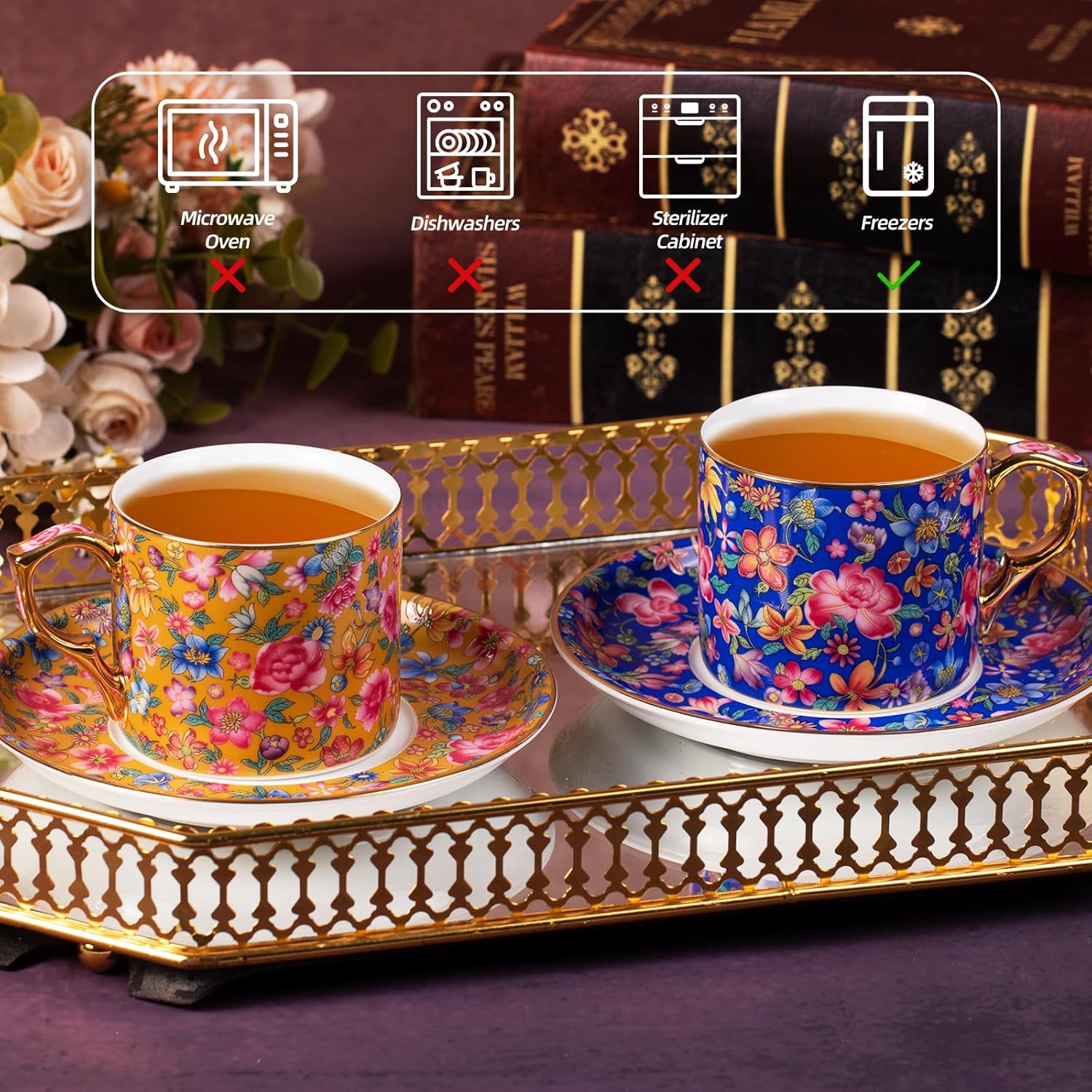 KAMMAK Tea Cups and Saucers Set of 2, Ceramic Coffee Cup with Saucer for Espresso, Cappuccino, 7oz Vintage Yellow and Blue Floral Porcelain Demitasse Mug for Home, Tea Party, Office