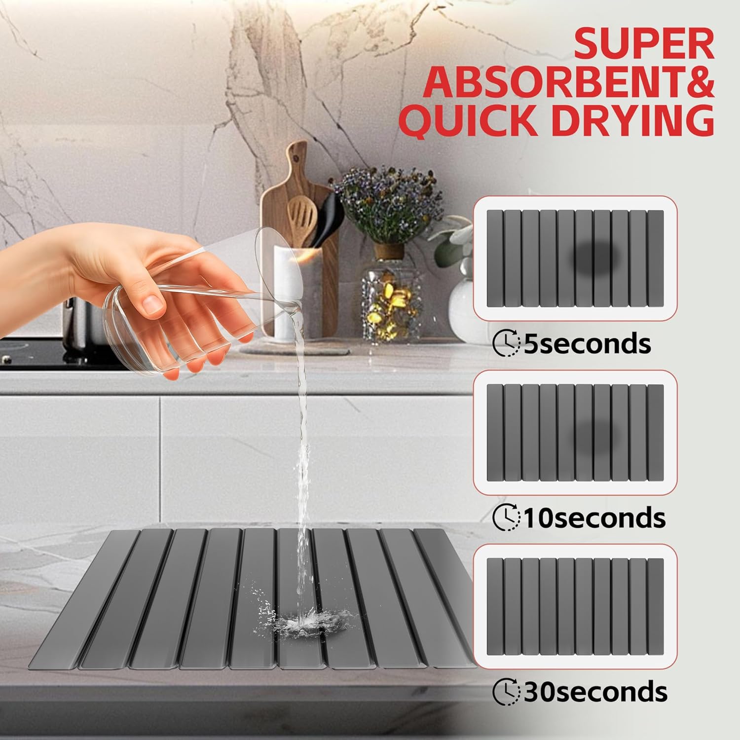 Stone Drying Mat For Kitchen Counter 24"x16" Foldable Super Absorbent Non-Slip Diatomaceous Earth Quick Dry Mat Matches Any Countertop