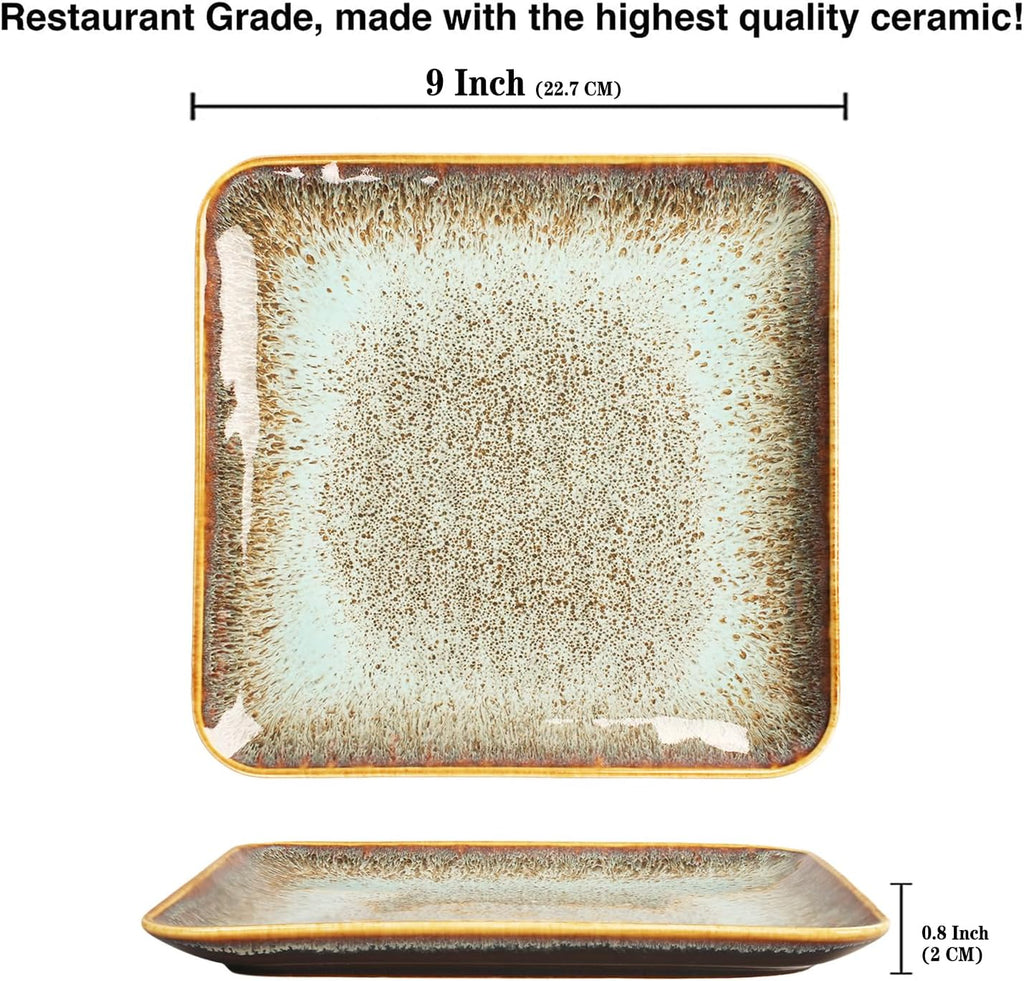 Ceramic Dinner Plates Dish Set,Set of 4,for Lunch snacks -Microwave Oven & Dishwasher Safe,Scratch Resistant,Dinnerware Kitchen Porcelain Serving Dishes,9 inch Square