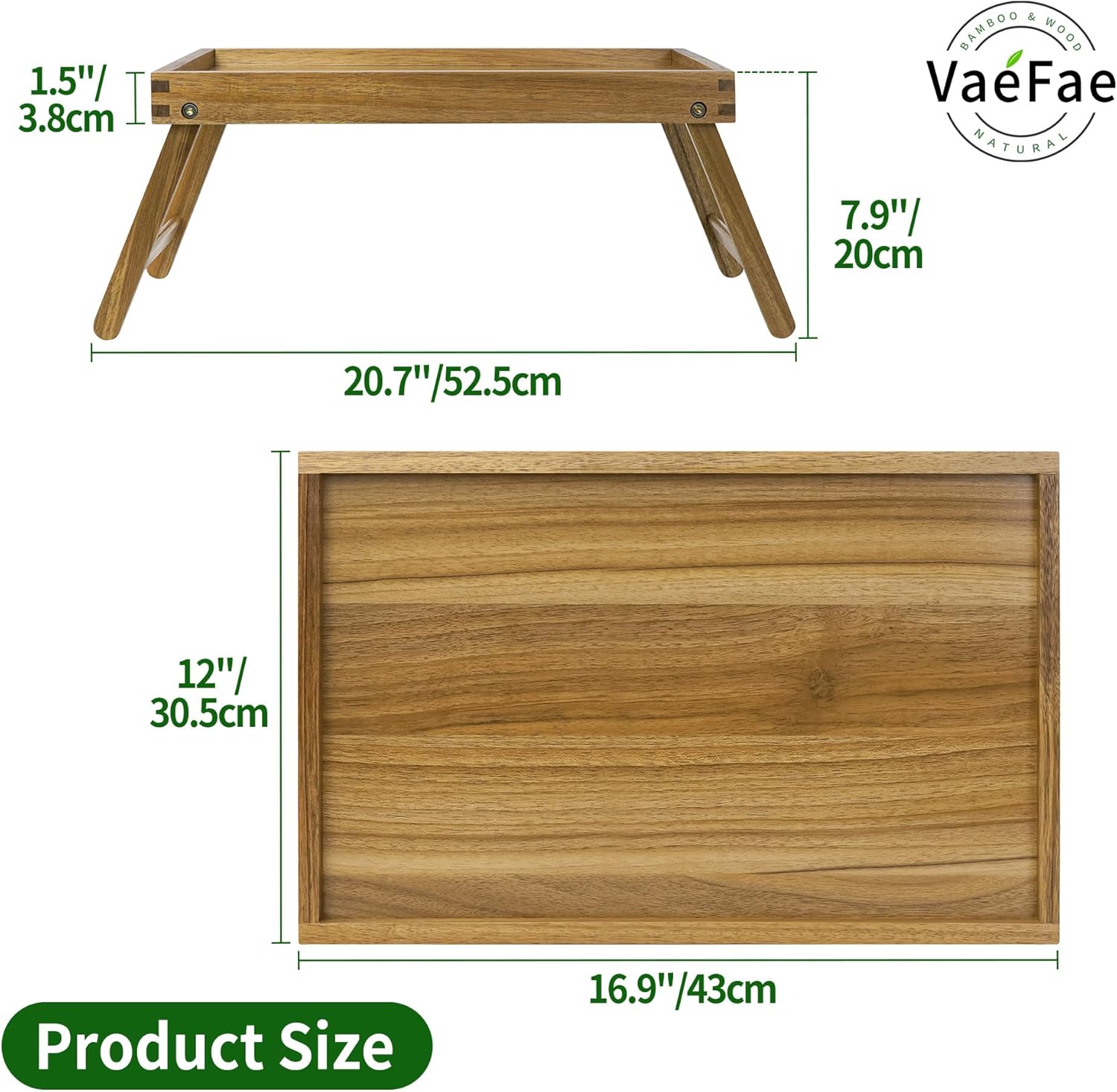 VaeFae Acacia Bed Table Tray, Wooden Breakfast Tray with Folding Legs, Bed Tray for Eating and Laptop, Eating Trays for Bedroom