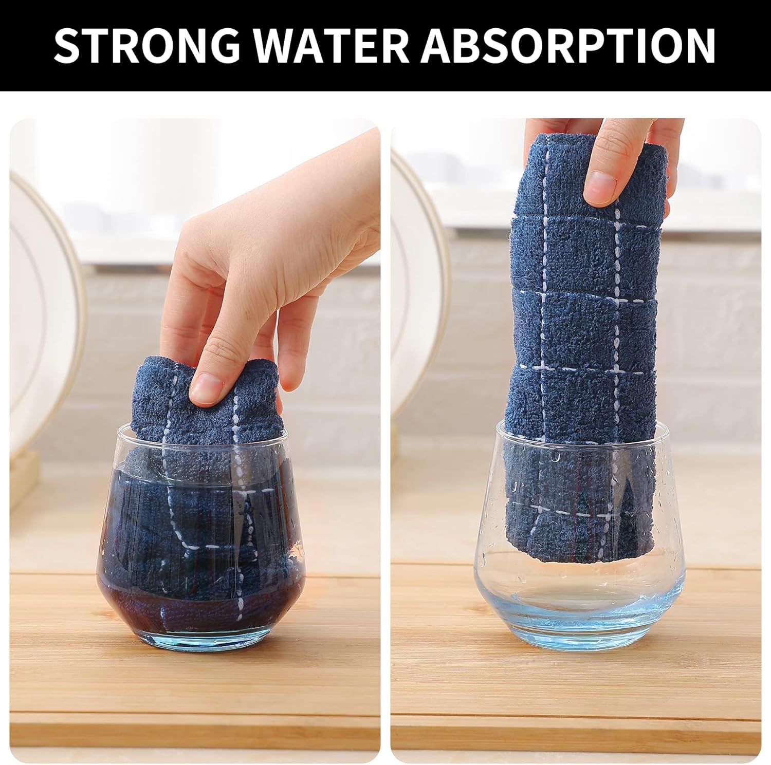 Homaxy 100% Cotton Terry Kitchen Towels(Navy Blue, 13 x 28 inches), Checkered Designed, Soft and Super Absorbent Dish Towels, 8 Pack