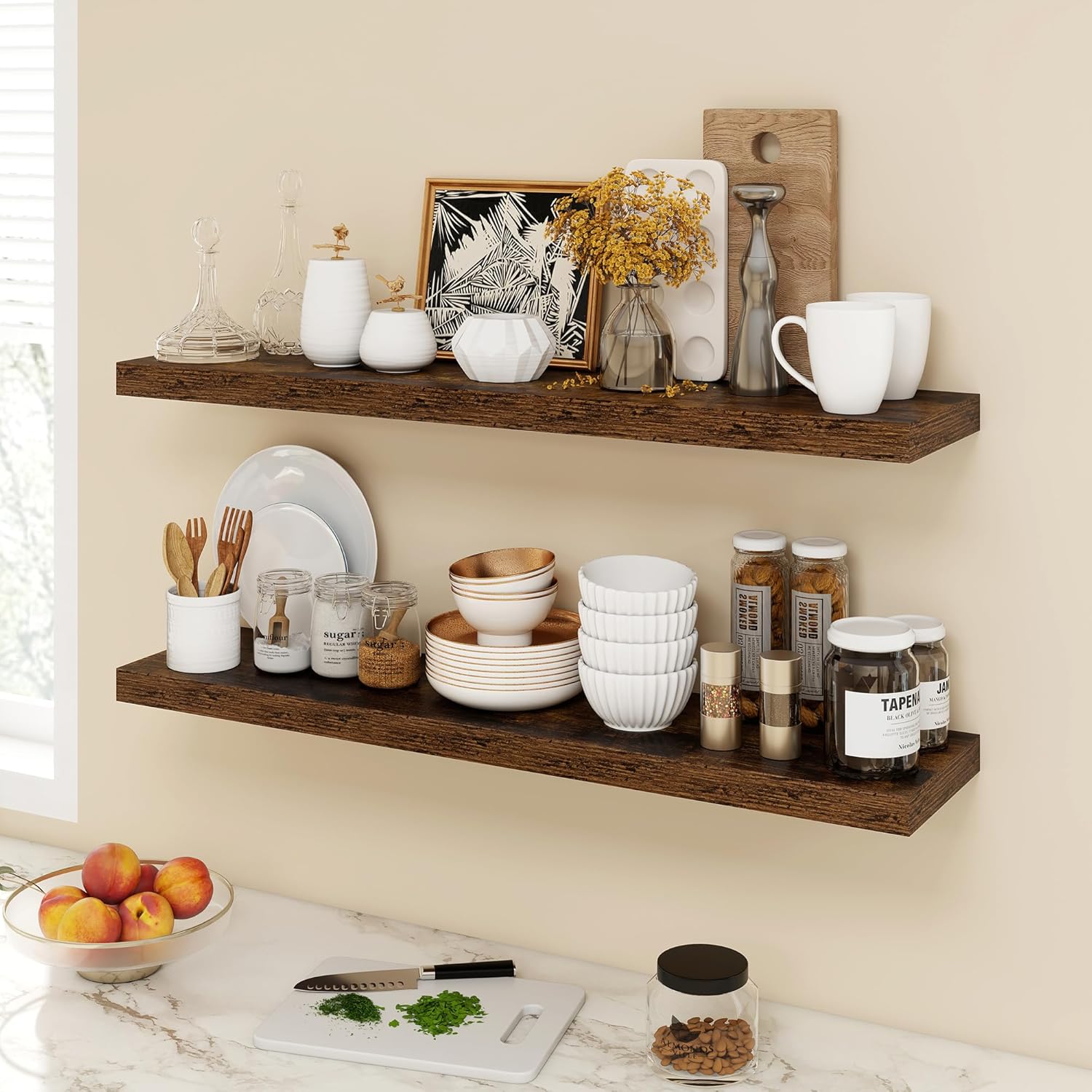 40 Inch Floating Shelves, 9.3" Deep Floating Shelf Wall Mounted, 40" Wall Shelves, Rustic Deep Bookshelf, Large Display Shelves & Storage Shelves for Bedroom, Living Room, Brown, Set of 2