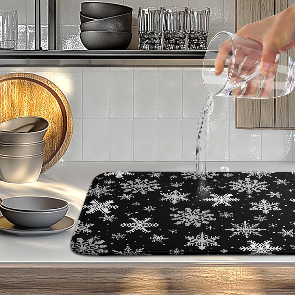 Winter Snowflake Black Dish Drying Mat Christma Snowflakes Large Kitchen Mats Dish Drying Pad Absorbent Dish Dryer Mat for Kitchen Countertops Microfiber Drainer Pad Dish Drying Mats (18x24 in)