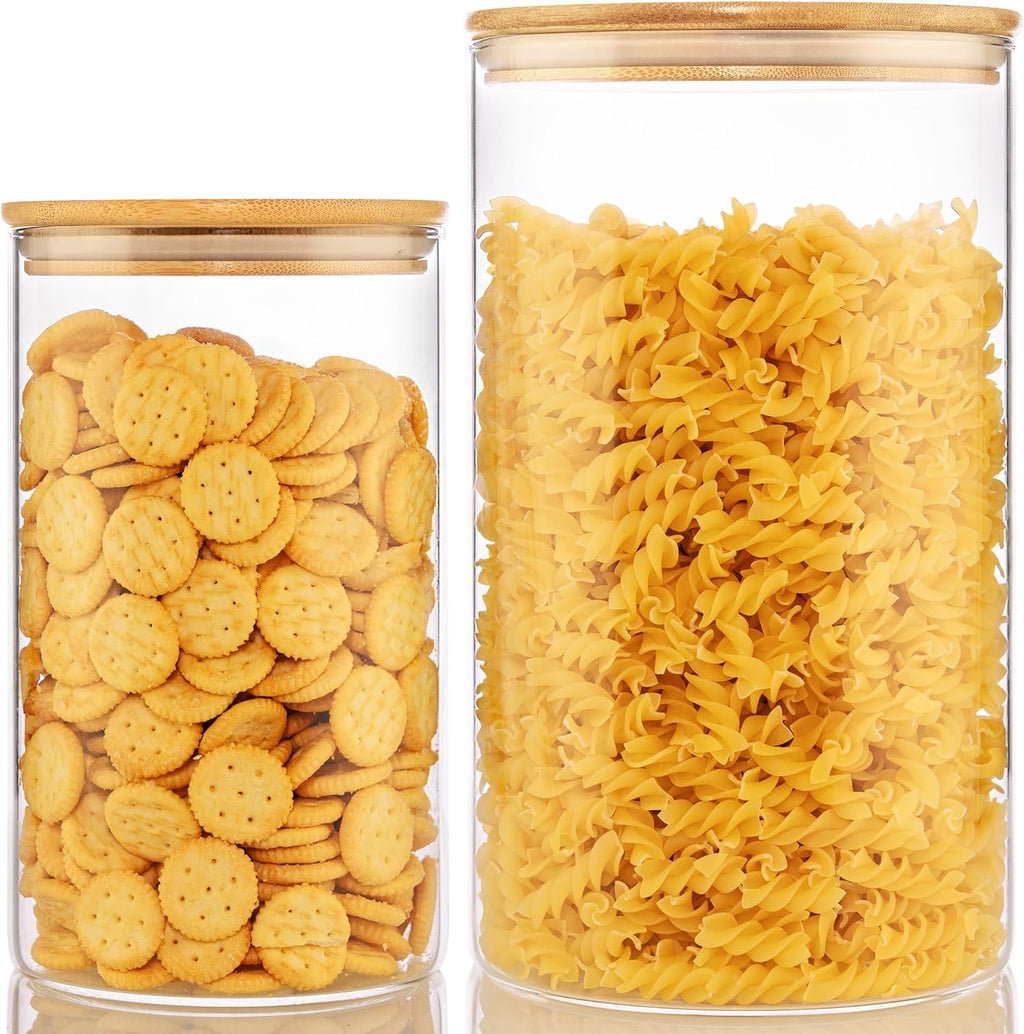 Extra Large Glass Flour and Sugar Storage Containers with Airtight Lid,132 floz x1 & 65 floz x1 [Set of 2] Big Glass Jars with Bamboo Lids, Air Tight Food Jar for Cereal, Pasta, Rice, Coffee