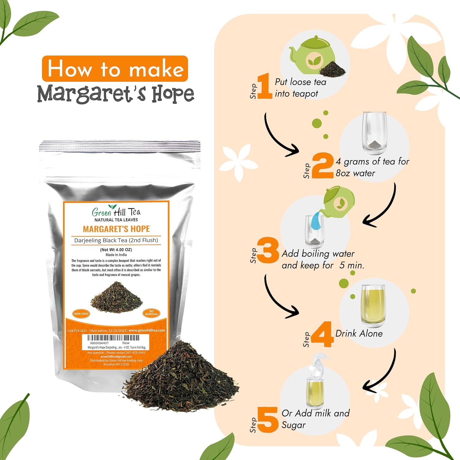 Greenhilltea - Darjeeling Margaret's Hope (TGFOP) Second Flush - Premium Loose Leaves Black Tea From Himalayas- Medium Caffeine-Mellow and aromatic with muscatel notes – 4 OZ. Tea in Foil Bag.
