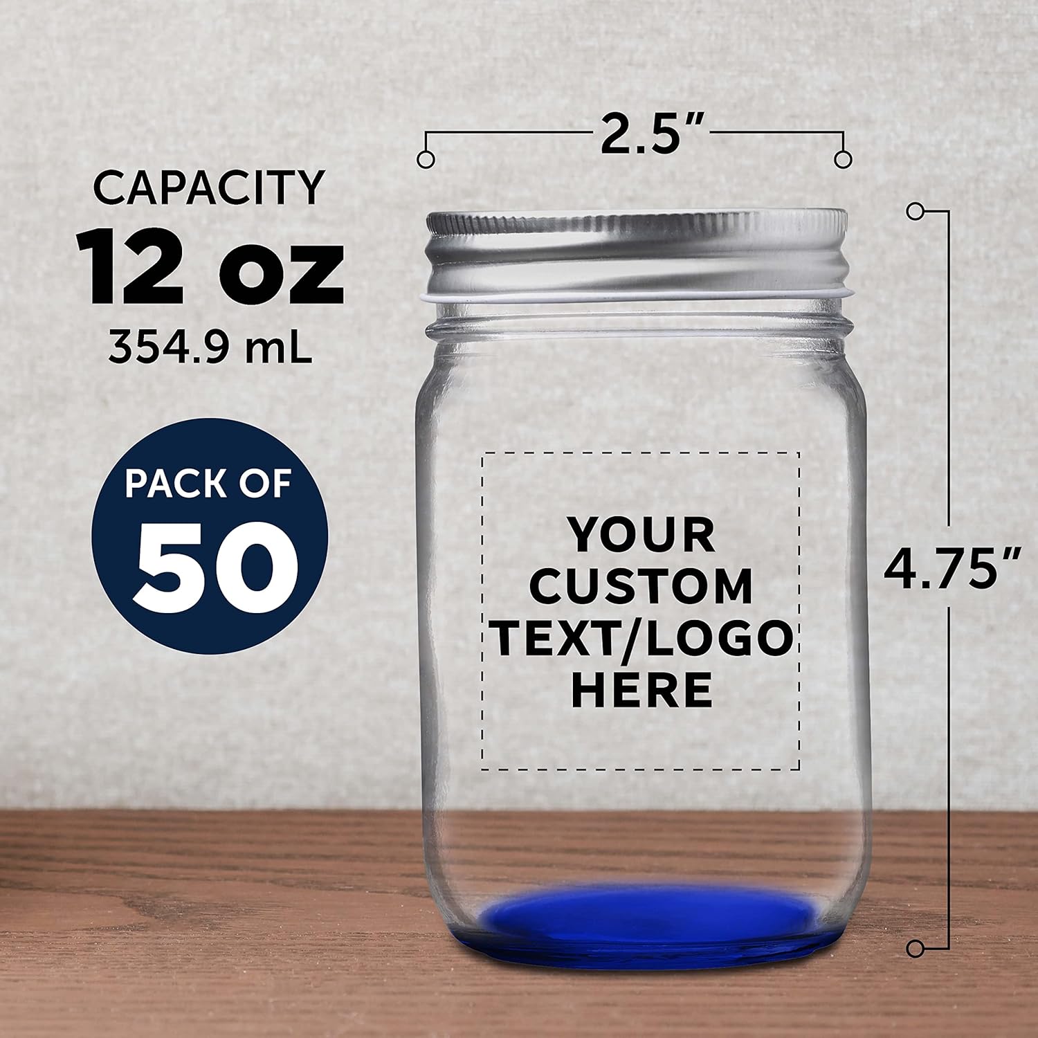 DISCOUNT PROMOS 50 Decorating Mason Jars Set, 12 oz. - Customizable Text, Logo - Canning, Aluminum Lid - Blue