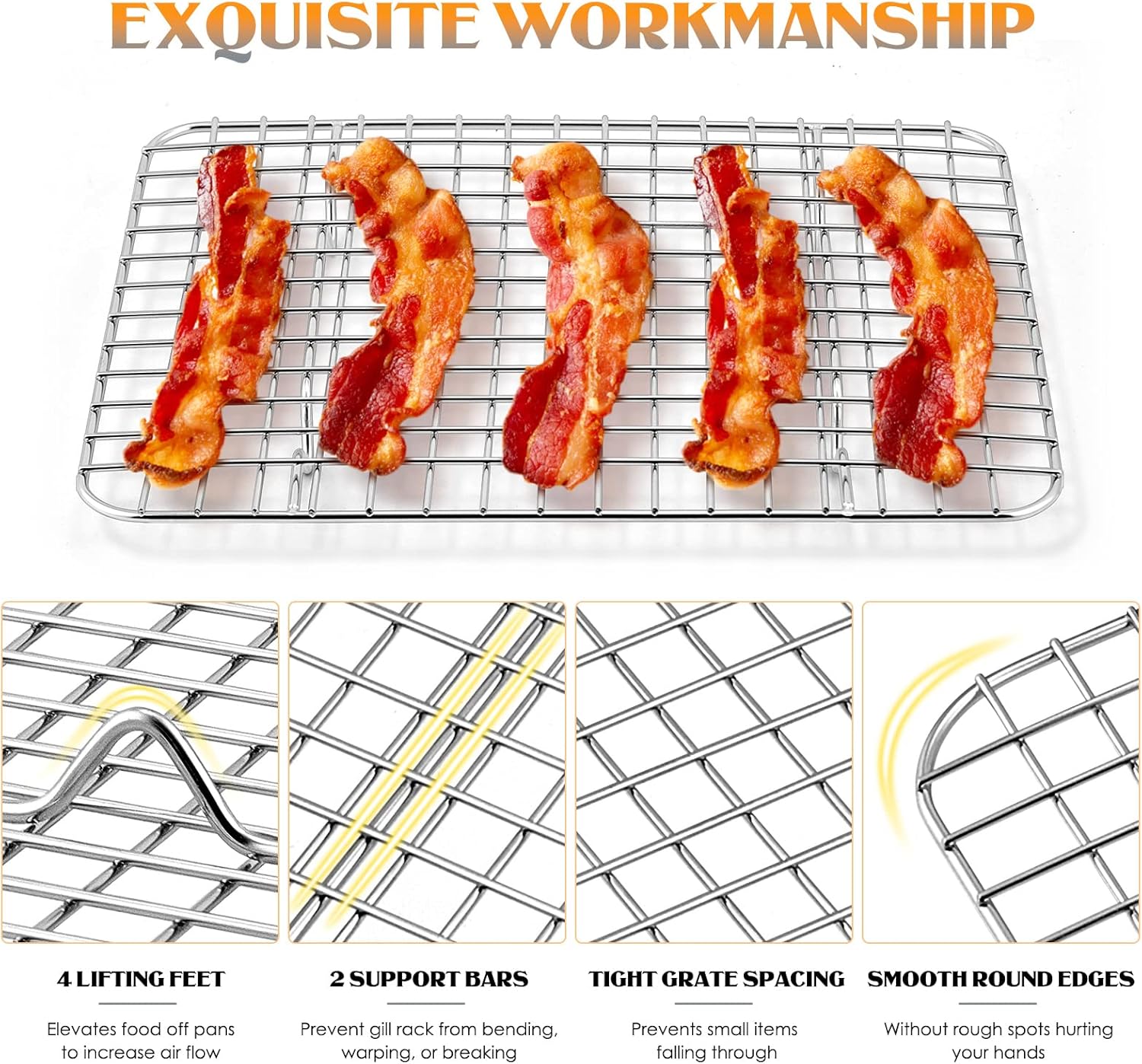 Small Baking Cooling Rack Set of 2, E-far Stainless Steel Toaster Oven Rack for Cooking Roasting Grilling Broiling Meat Bacon, 9.7” x 7.3” Metal Bakeable Wire Racks for Cookie Cake - Dishwasher Safe