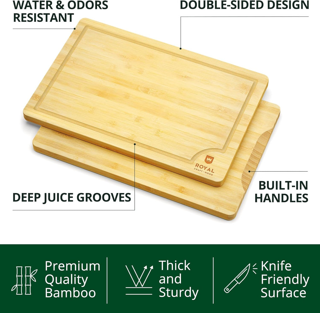ROYAL CRAFT WOOD Wooden Serving Boards for Kitchen Meal Prep&Bamboo Wood Cutting Board Set with Deep Juice Groove Side Handles-Charcuterie & Chopping Butcher Block for Meat-Kitchen Gadgets Gift (5Pcs)
