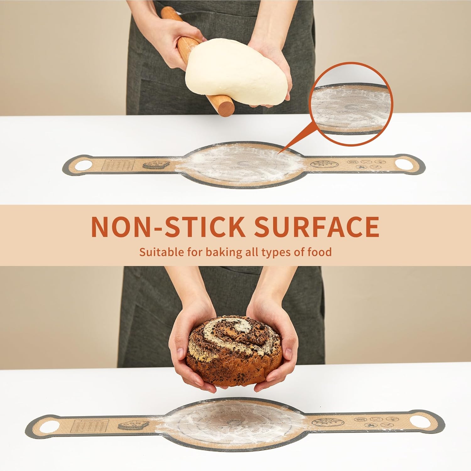 Silicone Sourdough Bread Sling Mat - 2Pcs Round Dough Baking Slings for Dutch Oven, NonStick High Degree Kitchen Sourbread Making Loaf Pan Lifter Liner, Reusable Cooking Transfer Mats with Long Handle