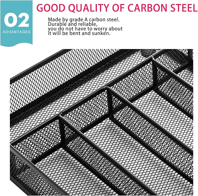 JANE EYRE Utensil Drawer Organizer, Cutlery Tray Silverware Flatware Storage Divider for Kitchen, Mesh Wire with Non-slip Foam Feet, 5 Component, Black