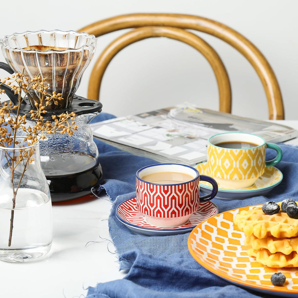 Selamica Ceramic Espresso Cups with Saucers and Metal Stand, 2.5 OZ Stackable Demitasse Cups for Espresso Latte Café Mocha Tea, Set of 4, Assorted Colors