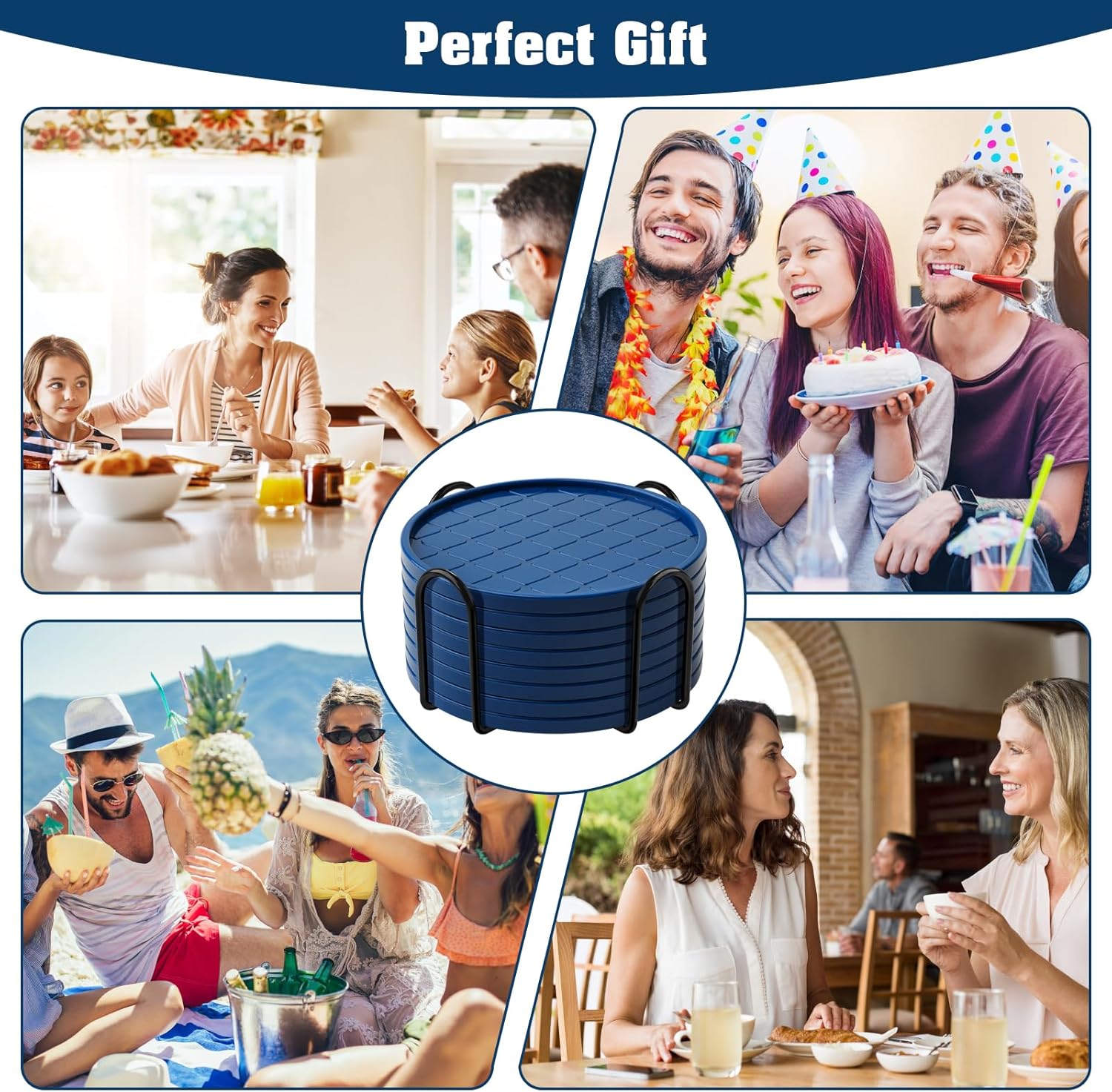 Coasters Set of 8,Hot or Cold Drink Coasters with Holder,Modern Style Coffee Table Coaster,Suitable for Kinds Cups Beer,Drink,Anti-Overflow Tabletop Protection (Navy Blue, 8pcs)