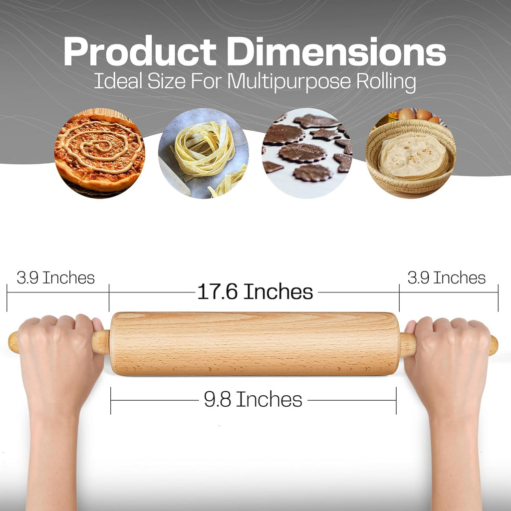 All-Purpose 17.6 Inch Beech Wood Non-Stick Rolling Pin - For Baking, Pizza, Pasta, Pie, Cookies, Pastry.