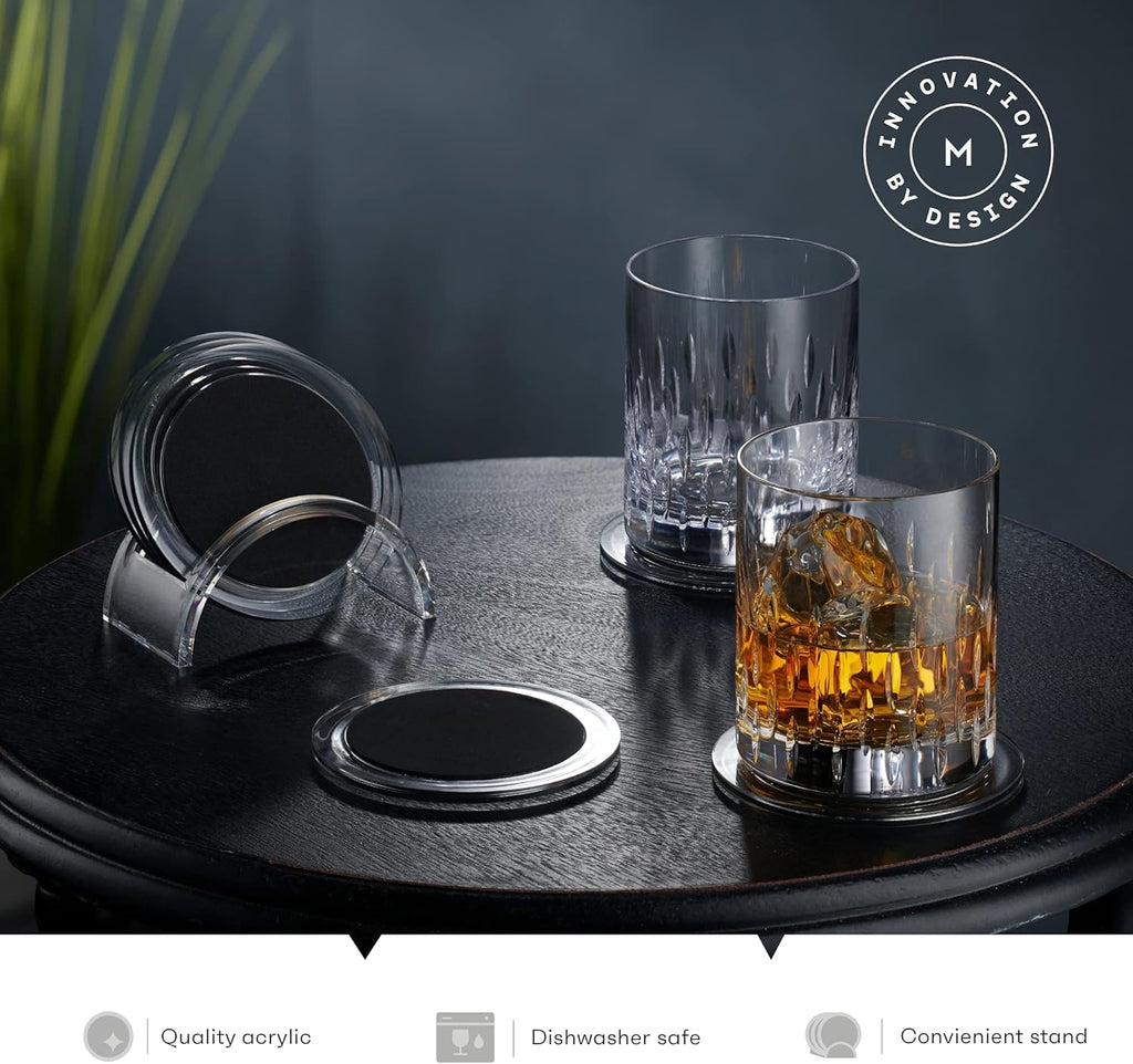 Acrylic Drink Coasters Set of 6 | Premium Stylish Black 4 Inch Coaster Set for Tabletop, Coffee Table Protection | Coasters Will Not Scratch Your Wood Tables or Stick to Glass | Home Decor Accent