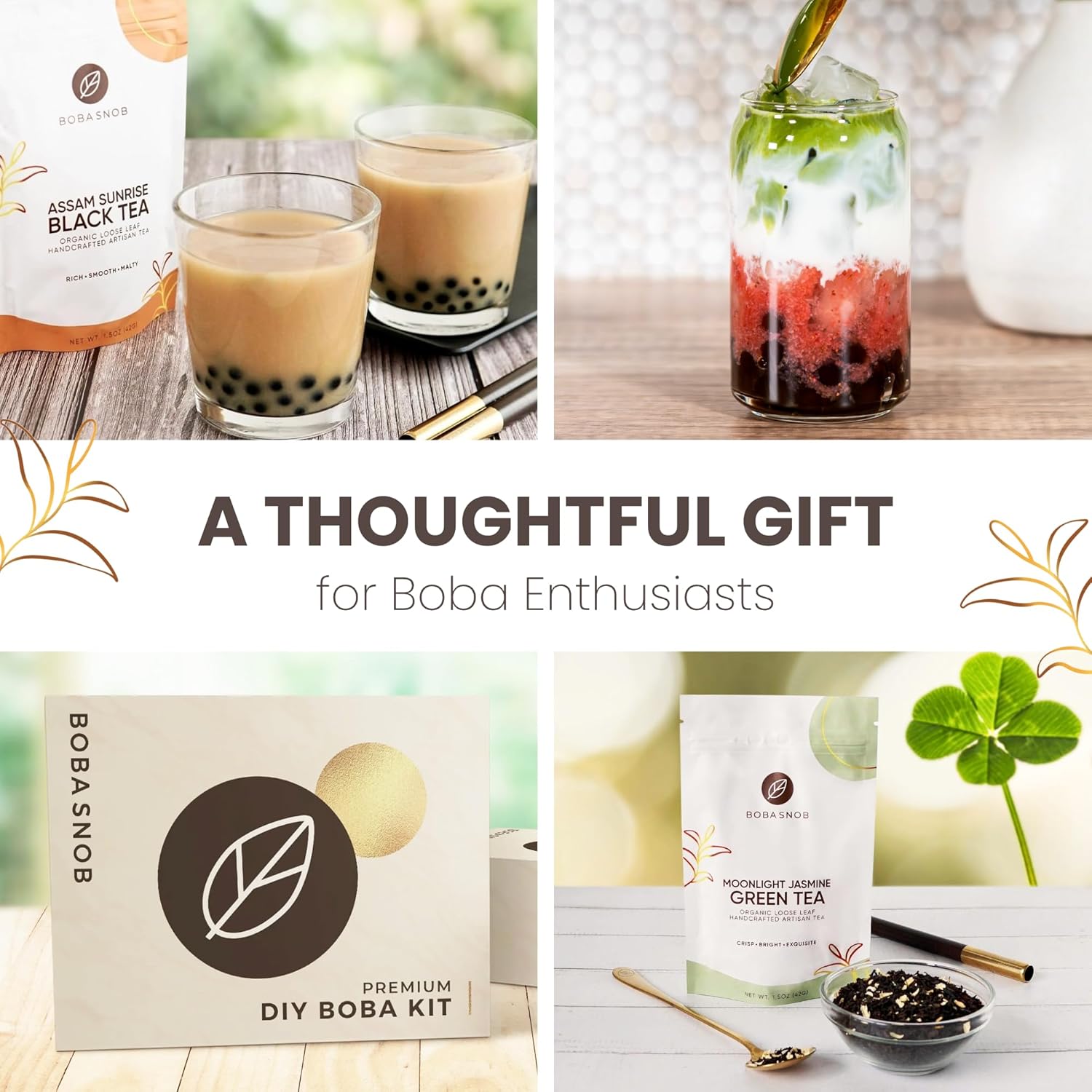 Boba Snob Boba Tea Making Kit, Bubble Tea Kit with Boba Gift Set, Boba Tea Maker Kit with 5 Premium Loose Leaf Teas, Tumbler, Two Stainless Steel Boba Straws, Teaspoon, and Tapioca Boba Pearls (Small)