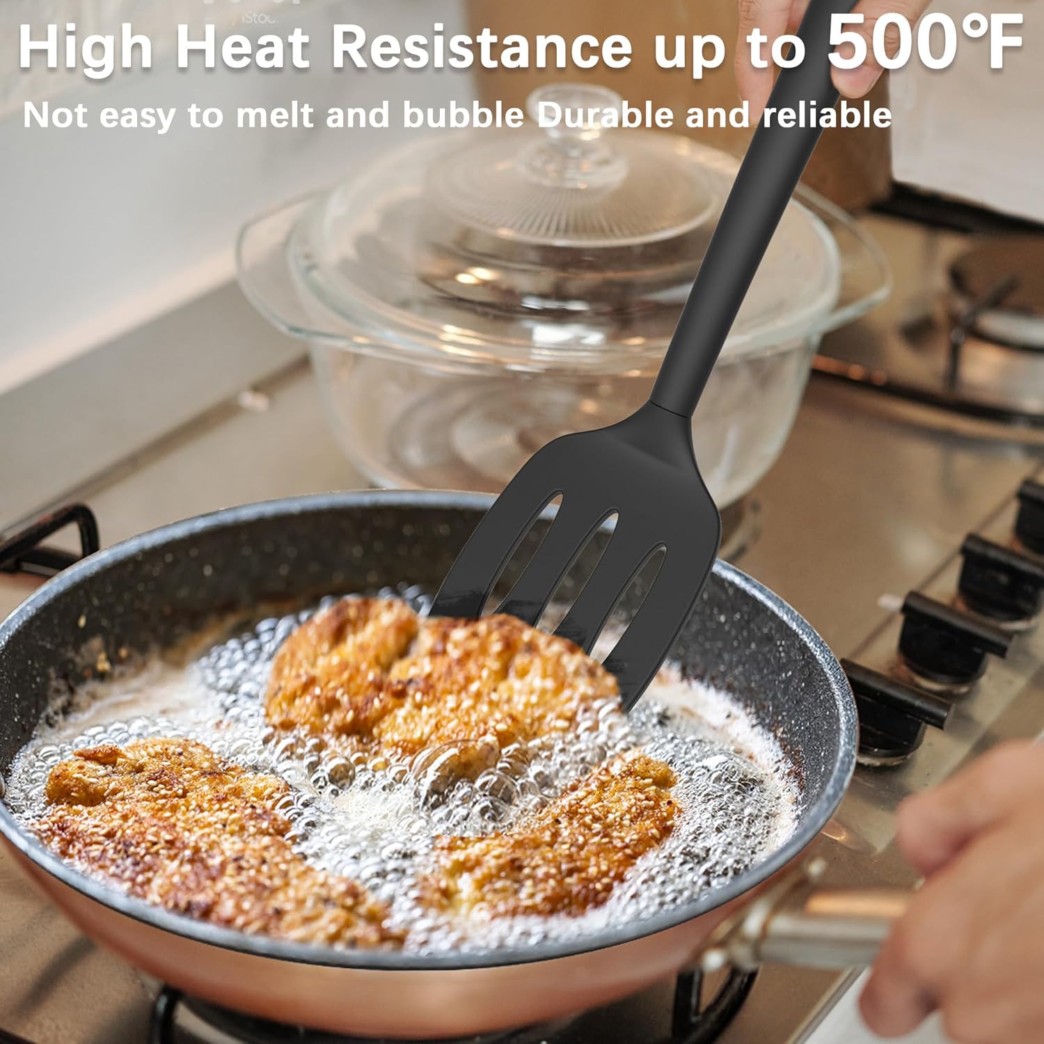 Coukre 2 Pack Silicone Spatula Set, High Heat Resistant, BPA Free Kitchen Spatula, Solid & Slotted Turner for Non-Stick Pans, Sautéing, and Flipping (2, PureBlack)